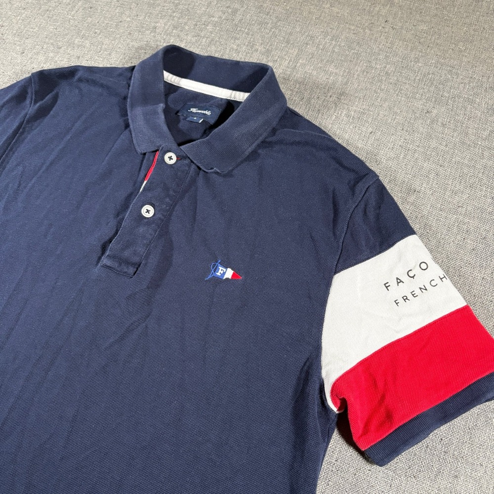 Faconnable Polo Shirt Mens Small Navy Blue Colorblock Sleeve Flag Logo